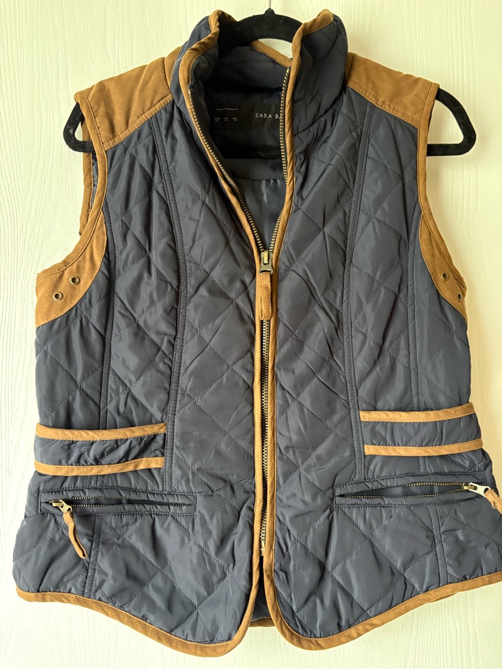Zara Quilted Navy Vest with Tan Trim